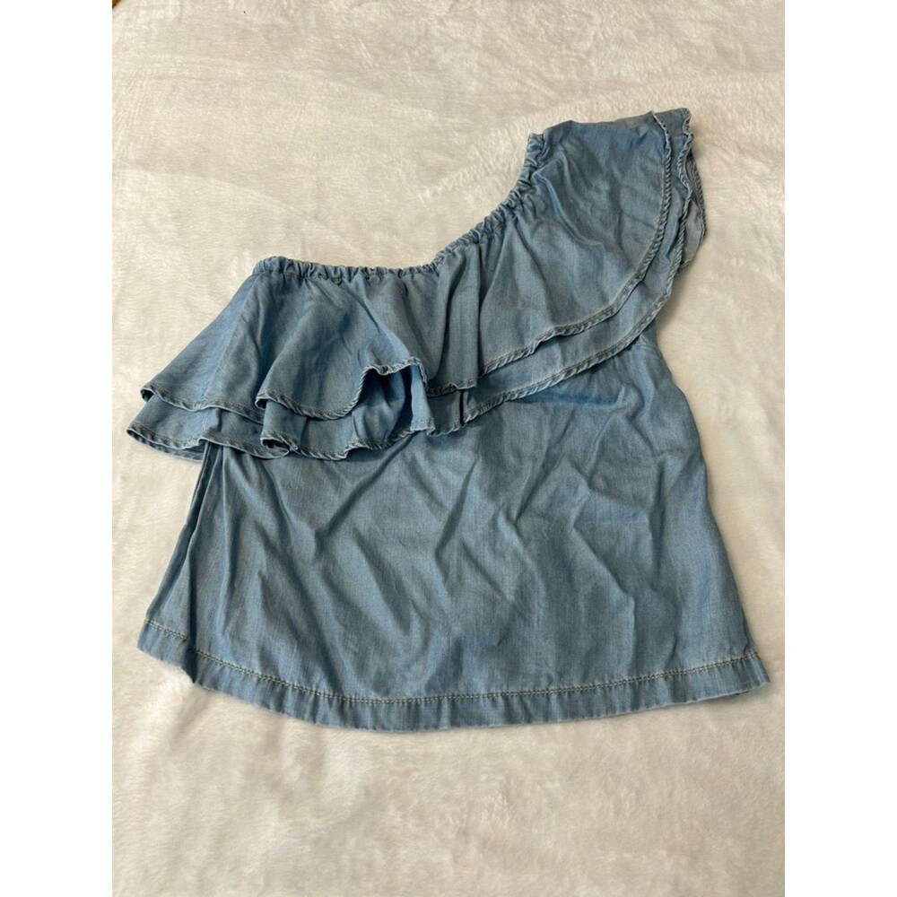 Chelsea28 One Shoulder Ruffle Top XS Blue Denim Style Cropped Statement